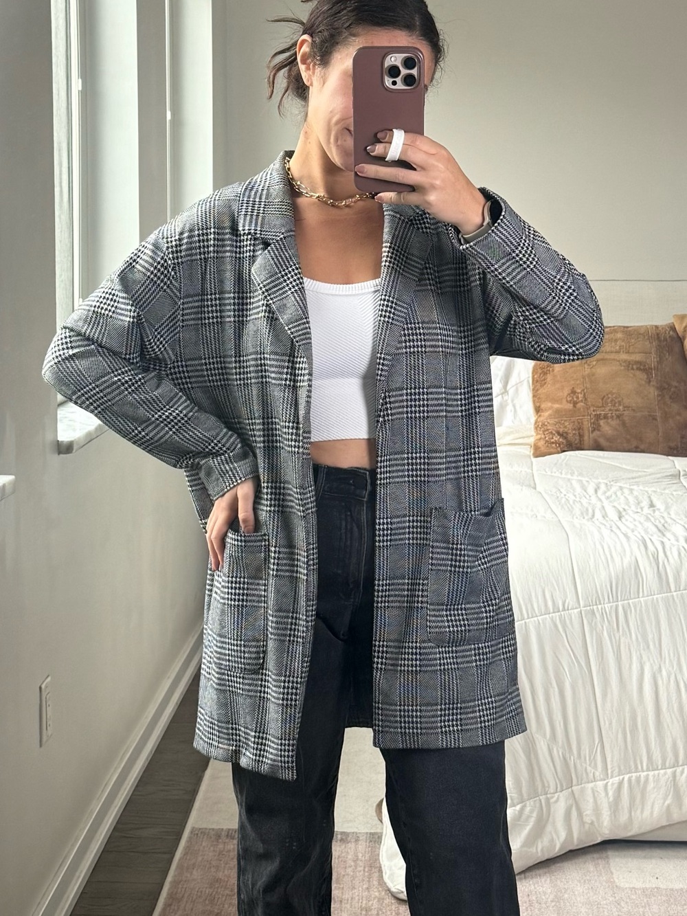 Love Tree Gray Plaid Longline Blazer - NWT